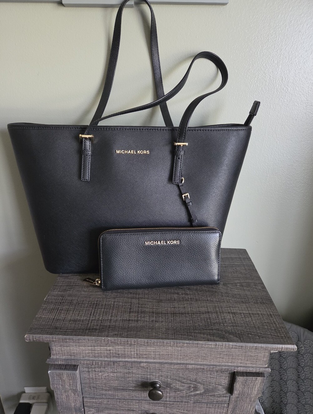 Michael Kors Black Saffiano Tote with Matching Zip Around Wallet